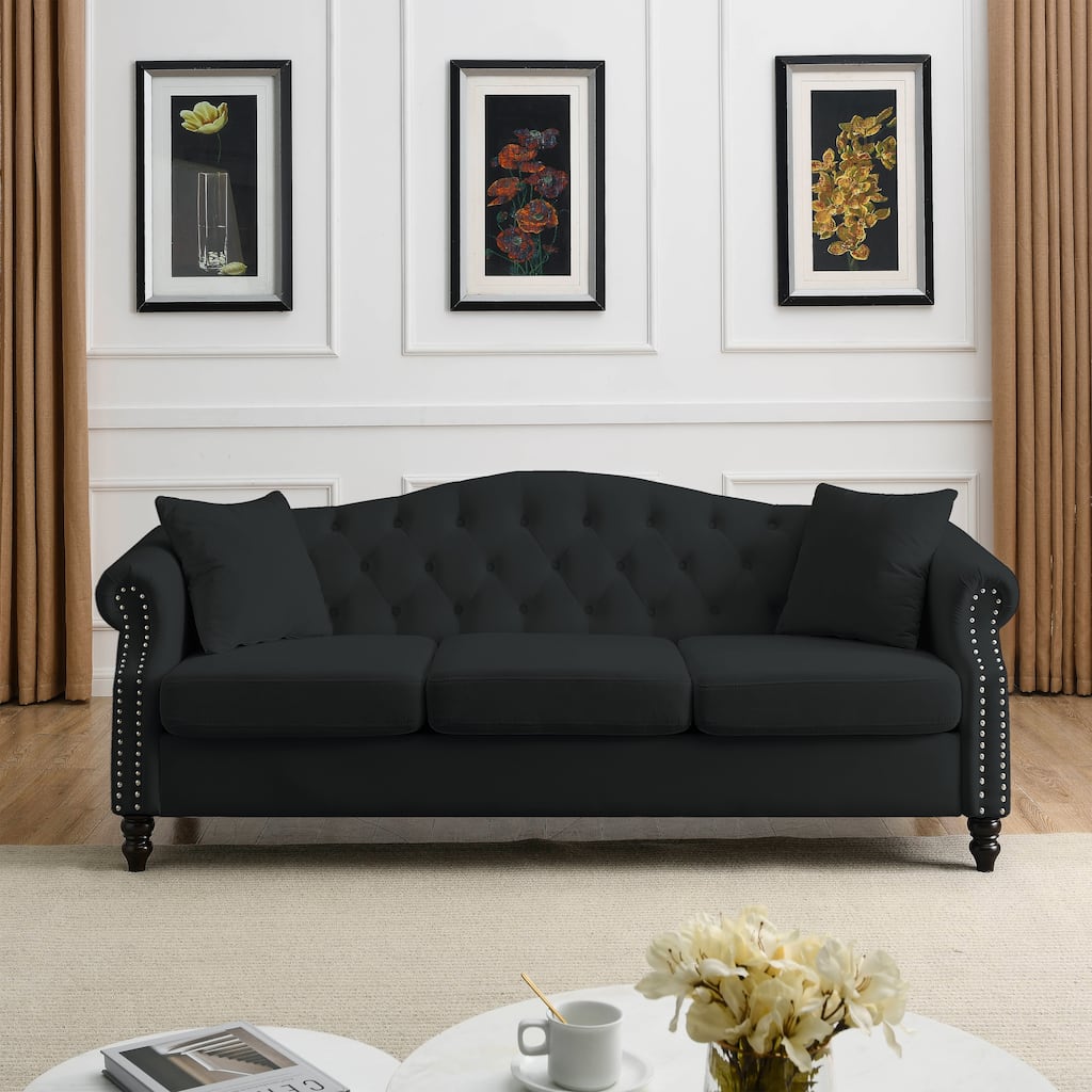 Modern Black Velvet Button Tufted Upholstered Sofa w/Nailhead Armrests
