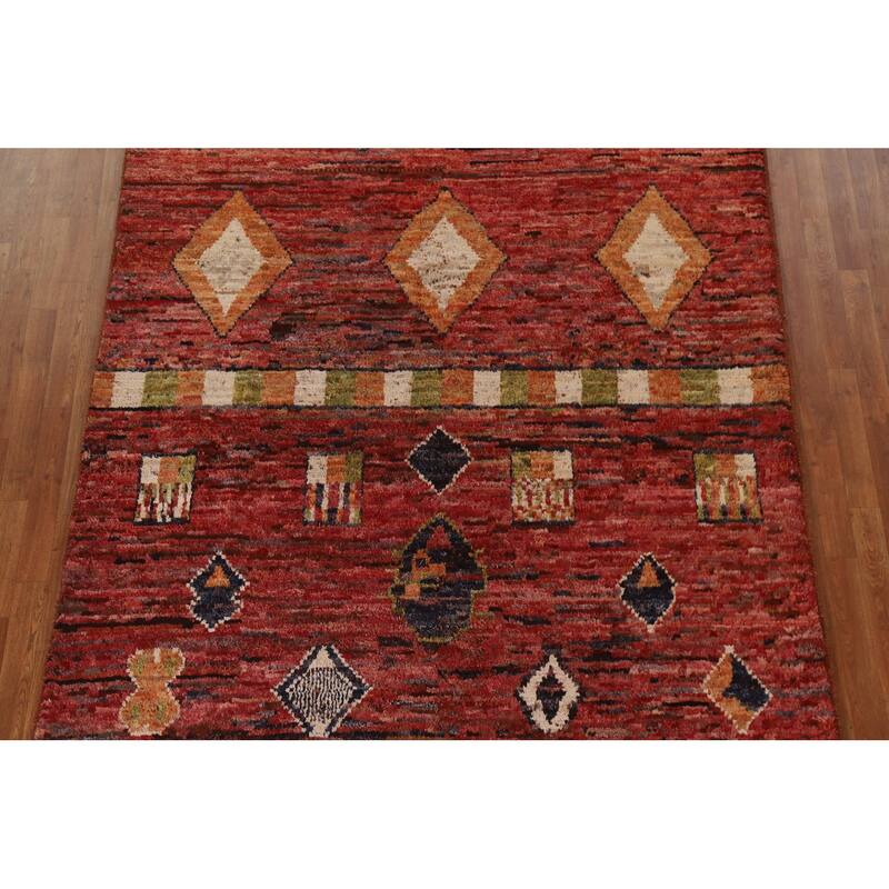 Hand Knotted Oriental 100% Wool Carpet Modern Tribal Red Moroccan Area Rug - 9' 11'' X 6' 9''
