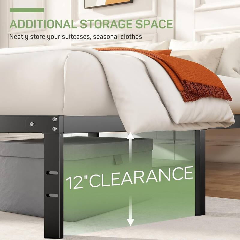 Bed Frame, Metal Platform Frames No Box Spring Needed, Heavy Duty with Storage Space, 14 Inches High, Sturdy Steel Slat Support