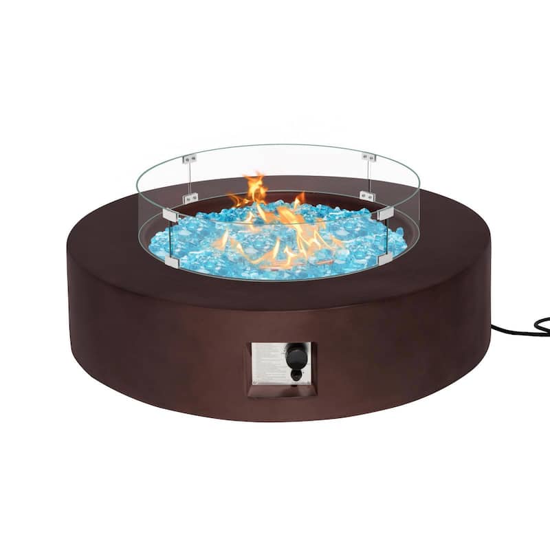 COSIEST 42'' Outdoor Round Propane Fire Pit w Wind Guard and Fire Glass