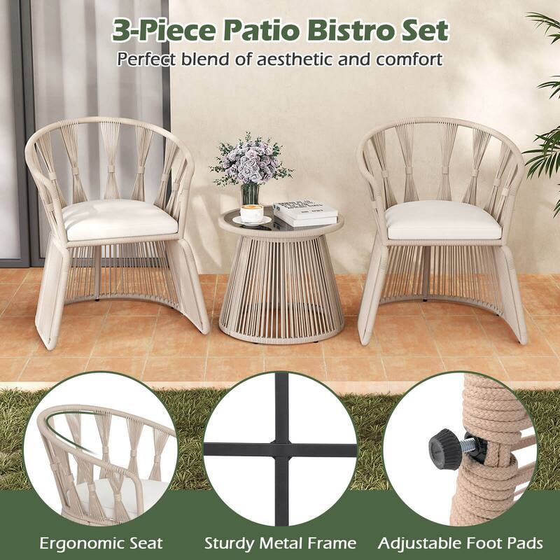 Costway 3 PCS Patio Leisure Chair Set Rope-Woven Armchairs & Table Set - See Details