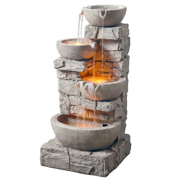 slide 1 of 7, Teamson Home Outdoor Waterfall Fountain Cascading Bowls with LED Light - Grey