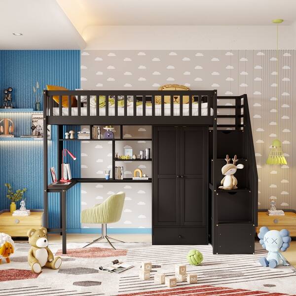 slide 2 of 35, Modern Twin Size Loft Bed with Bookshelf,Drawers,Desk,and Wardrobe