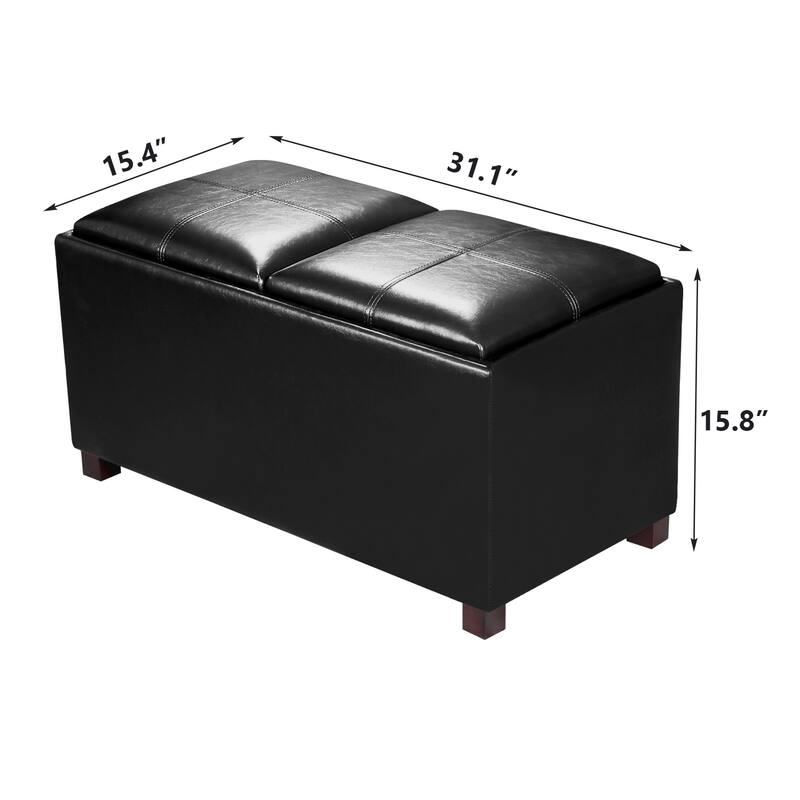 Adeco Rectangle Faux Leather Storage Ottoman with Dual Flip-Top Trays - 31.1"X15.4"X15.7