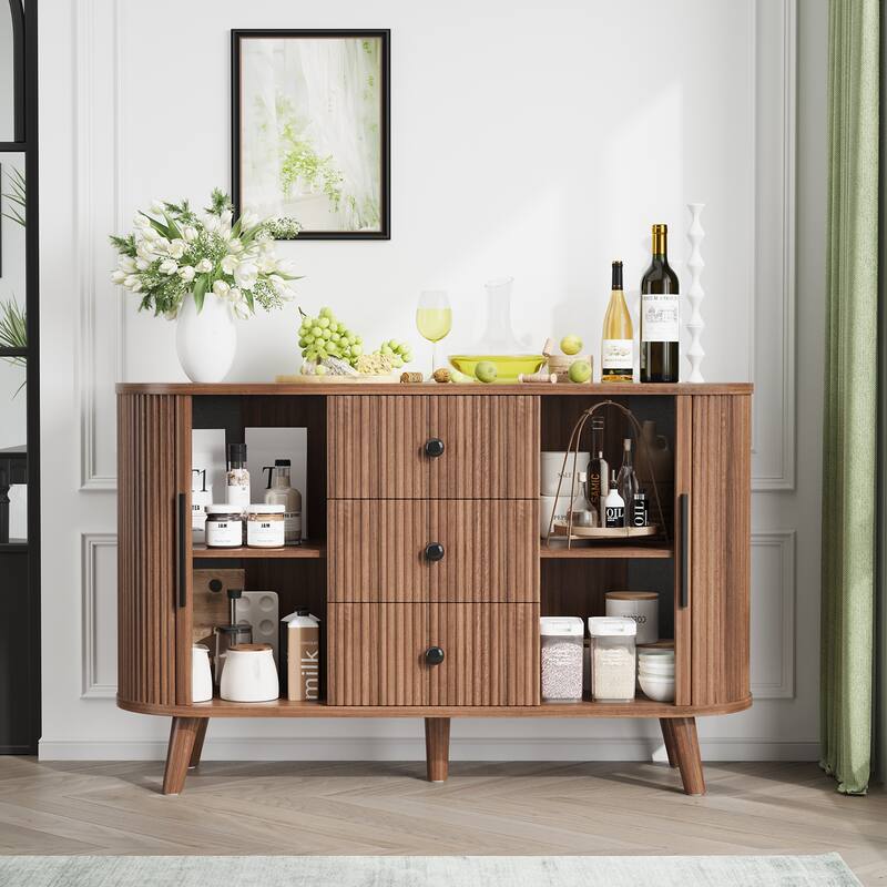 Sideboard Buffet Cabinet with 2 Sliding Tambour Doors and 3 Drawers, Storage Cabinet with Adjustable Shelves for Living Room