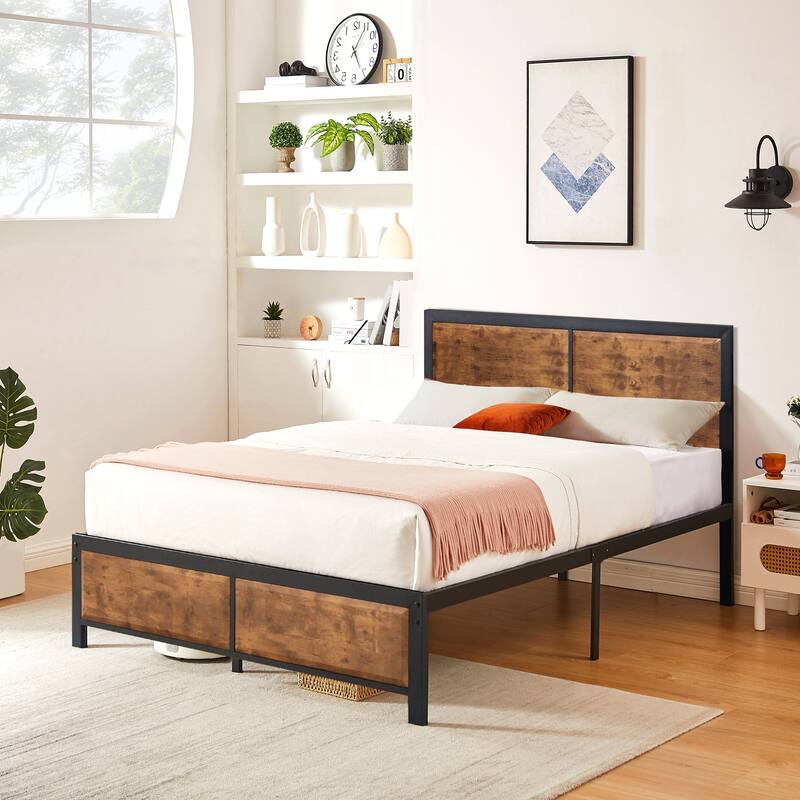 Javlergo Industrial Platform Bed Frame with Wood Headboard and Footboard