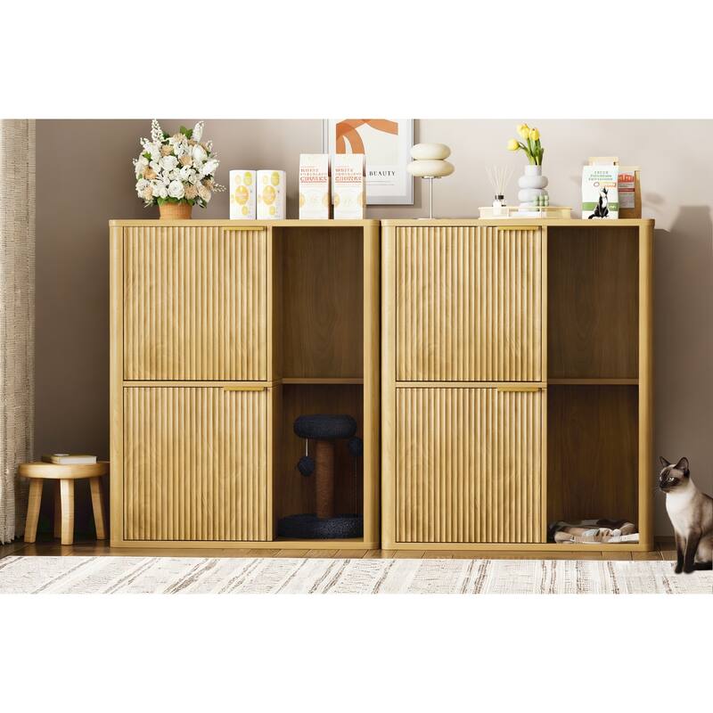 31.5" Walnut Cat Litter Cabinet with Cat Tree, Grooved Concealed Litter Furniture Featuring Dual Cat Doors and Storage Shelves
