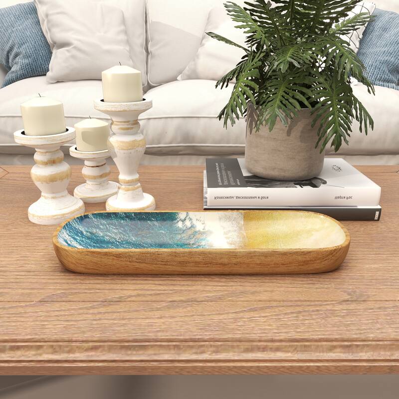 Brown Mango Wood Handmade Ocean Inspired Living Room Decor Tray with Colorful Enameled Interior
