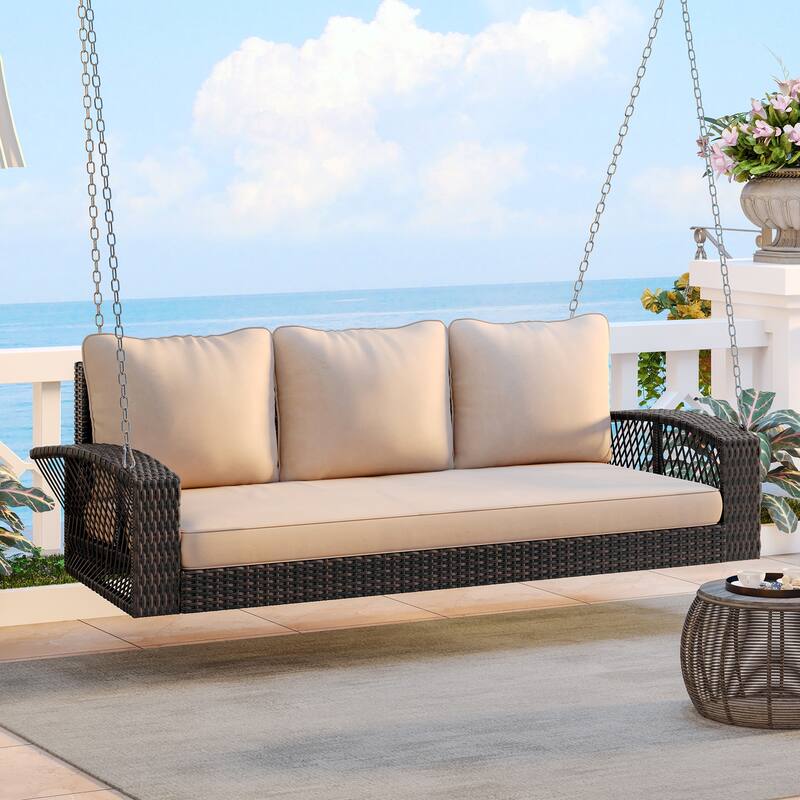 69" PE Wicker 3-Person Porch Swing with Chains and Cushions