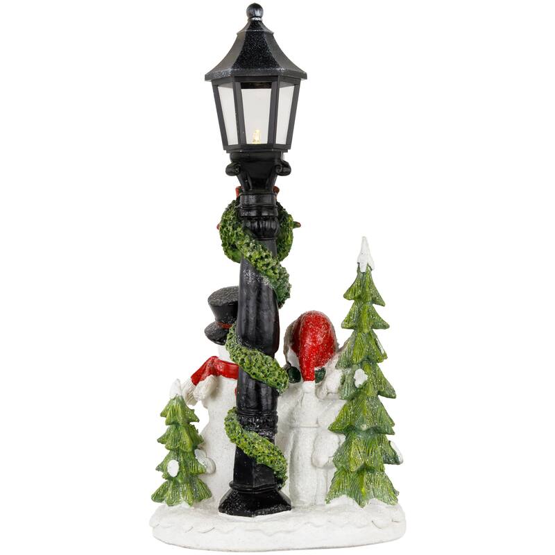 Glittered Snow Couple Under Lighted Street Lamp Christmas Decoration - 14"