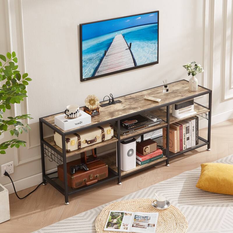 VECELO Wood TV Stand with Charging Station with Metal Frame, Storage Shelves Entertainment Center TV Cabinet
