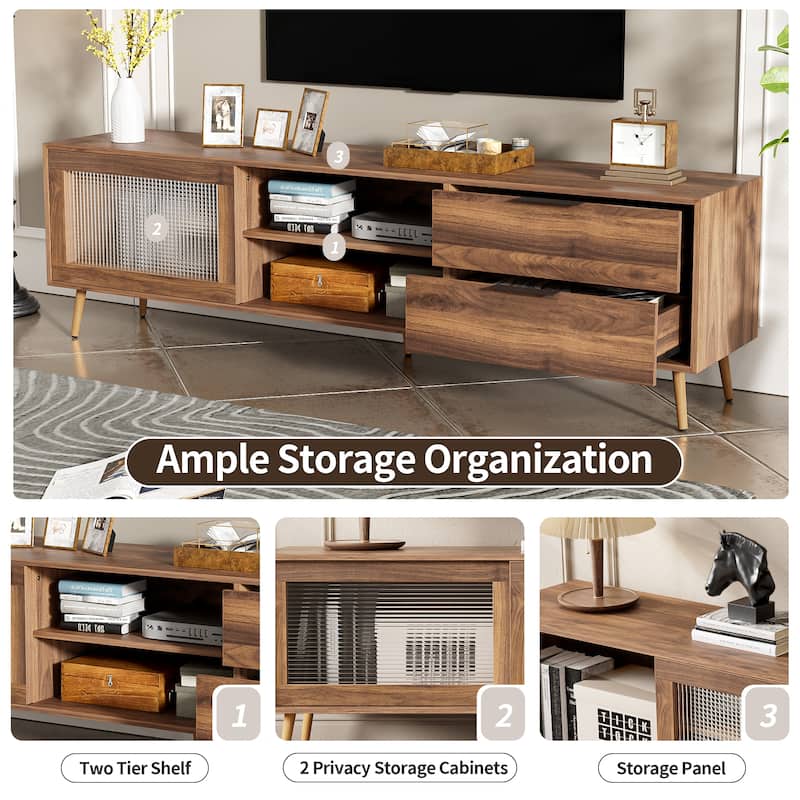 71" TV Stand - Tempered Glass Sliding Doors, 2 Drawers and Open Shelves
