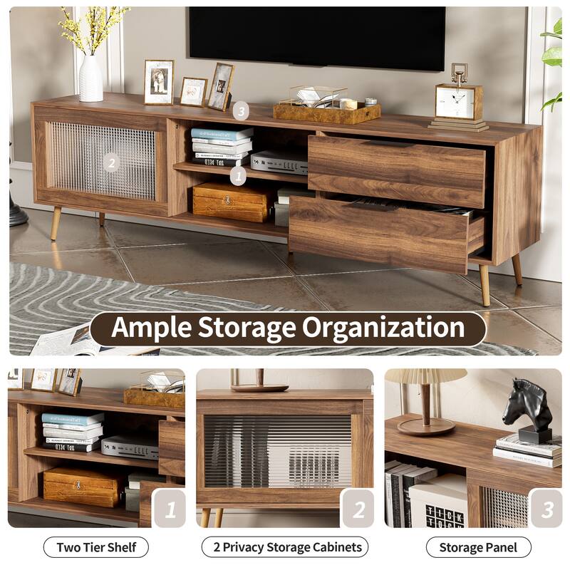 Roomfitters 70" TV Console for 75"+ TVs, Media Unit with 2 Glass Doors, 2 Drawers and Storage Cabinets, Modern Style, Walnut