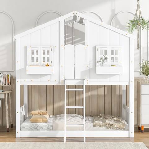 Twin over Twin Treehouse Bunk Bed with Ladder and Storable Window Box