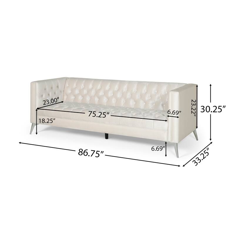 Zexy Sofa, 3 Seater Button Tufted Chesterfield Beige Velvet, Chrome