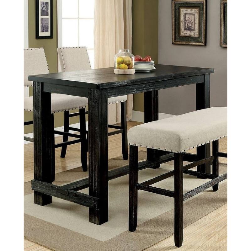 Antique Black Distressed Bar Table - High Counter Table with Center Beam & Footrest