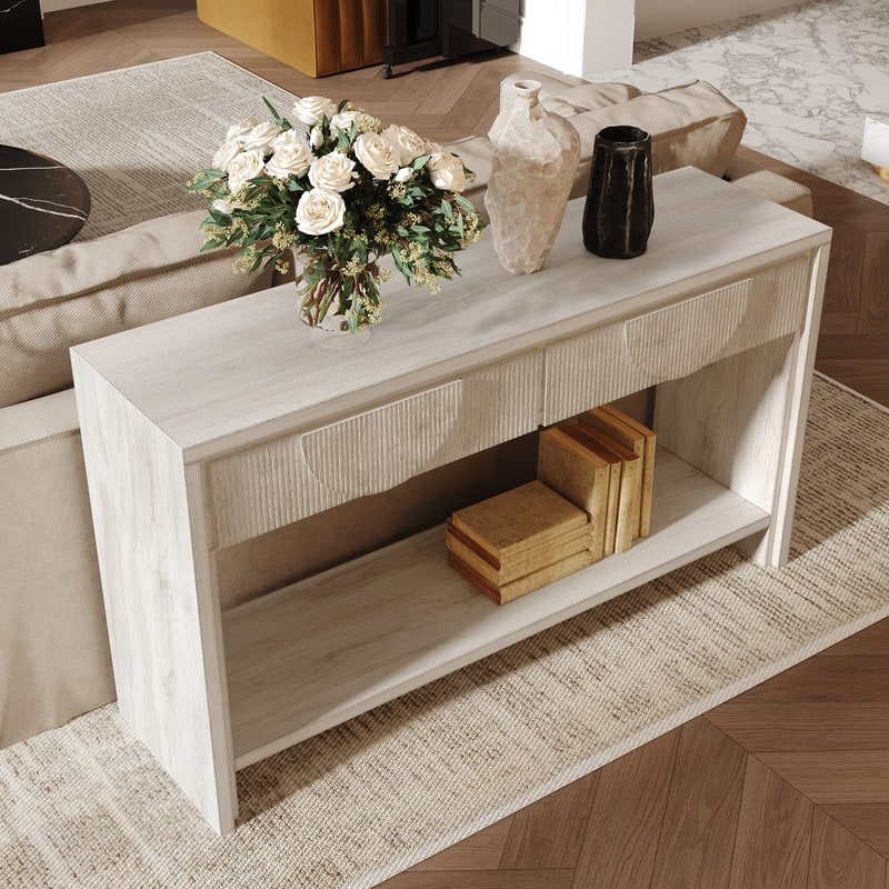 Farmhouse 55.12" Console Table with Distressed Wood Finish and Fluted Drawers for Living Rooms