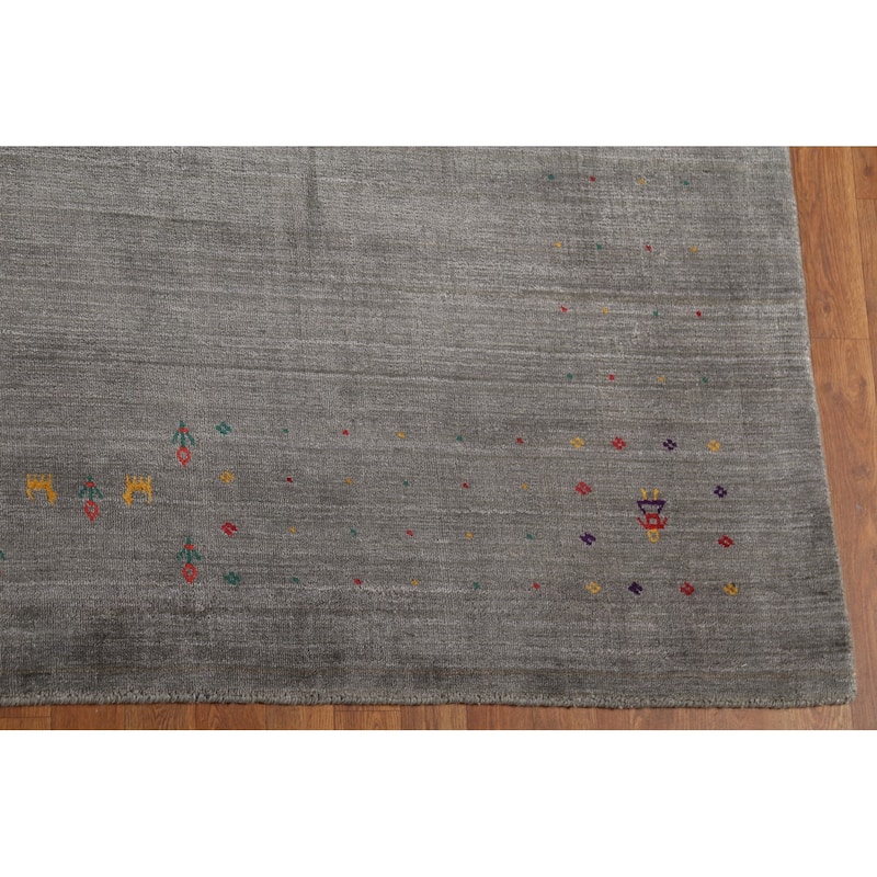 Striped Gabbeh Square Area Rug Handmade Gray Wool Carpet - 9'0"x 8'7"