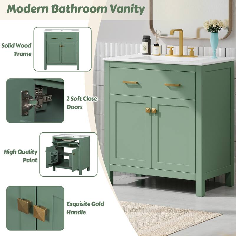 30 Inch Single Sink Bathroom Vanity Cabinet, Solid Wood Frame - 30 Inch - Green
