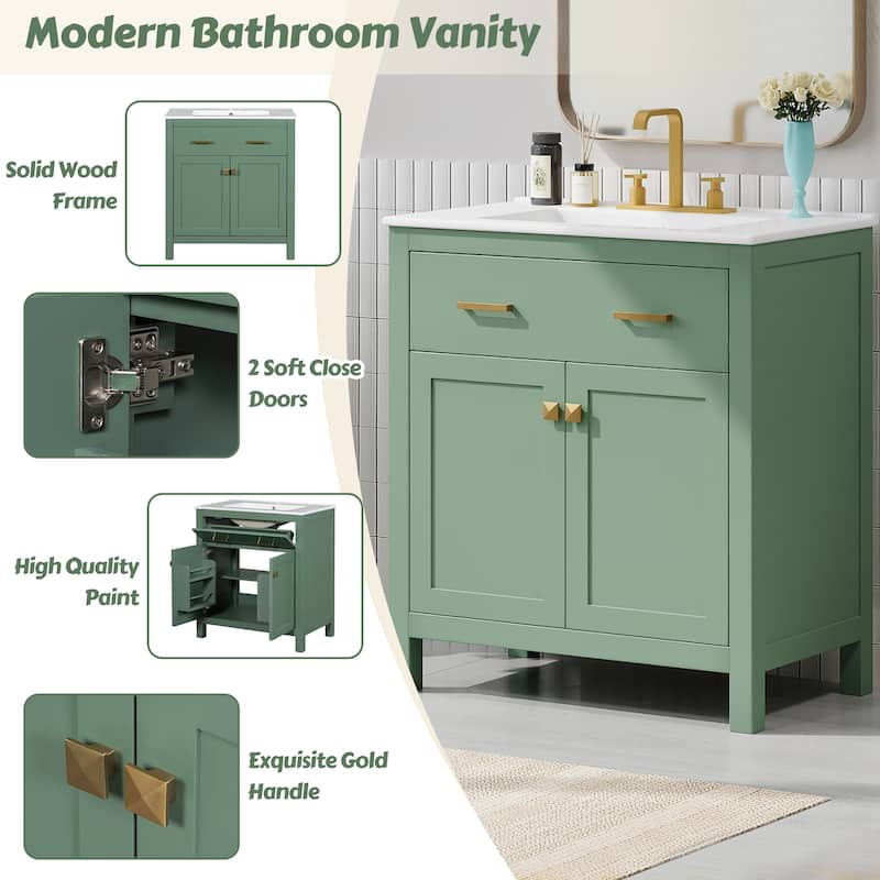 Modern Bathroom Vanity Freestanding Storage Cabinet with Flip-down Drawer, Double Door Organizer and Adjustable U-shaped Shelf