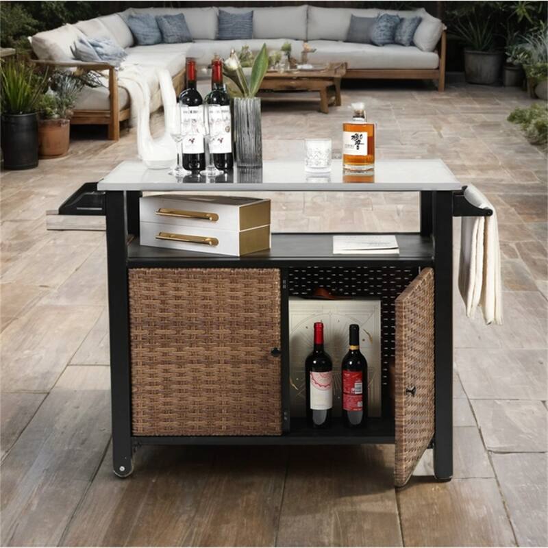 Outdoor Wicker Rolling Island w/ Stainless Steel Extended Top,Handle