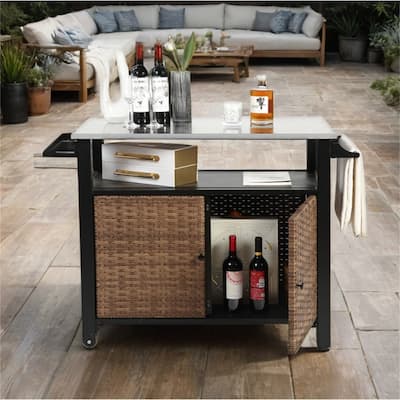 Outdoor Wicker Rolling Island w/ Stainless Steel Extended Top,Handle