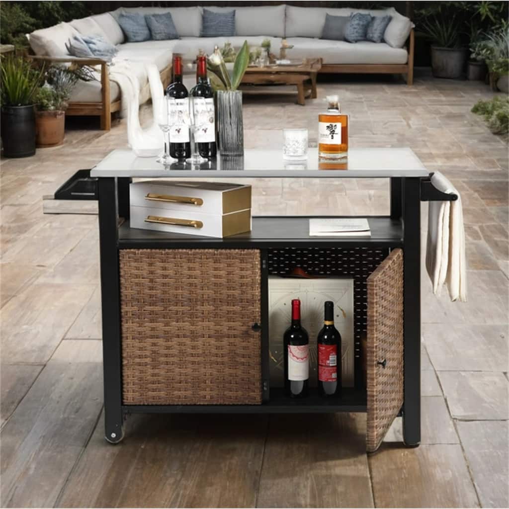 Outdoor Wicker Rolling Island w/ Stainless Steel Extended Top,Handle