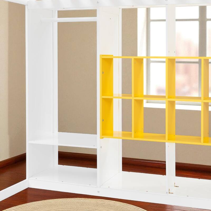 Space-Saving Twin/Full Loft Bed, Solid Wood Frame with Open Wardrobe, Colorful Shelves, Cabinet Storage & Reversible Ladder
