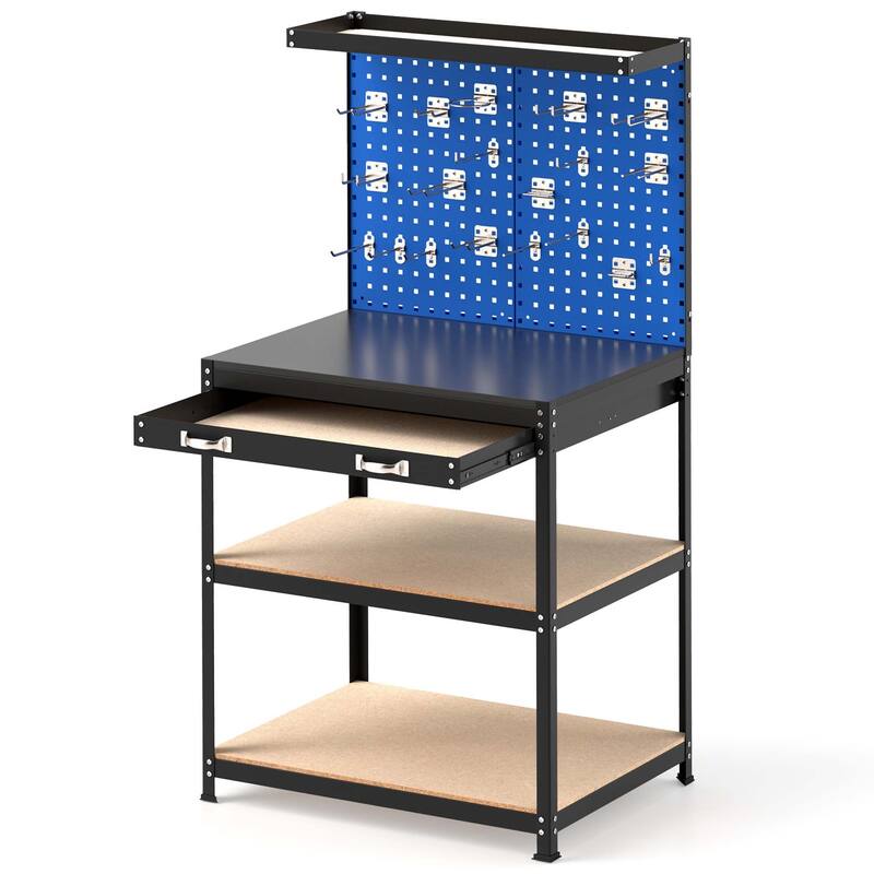 Gymax 32'' x 16'' Workbench w/ Pegboard 20PCS Tool Hooks Drawer & Open