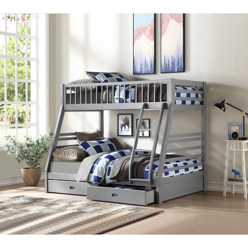Twin Over Full Size Bunk Platform Bed Frame with 2 Storage Drawers, Stacked or Separated, Full-Length Guardrail, for Bedroom