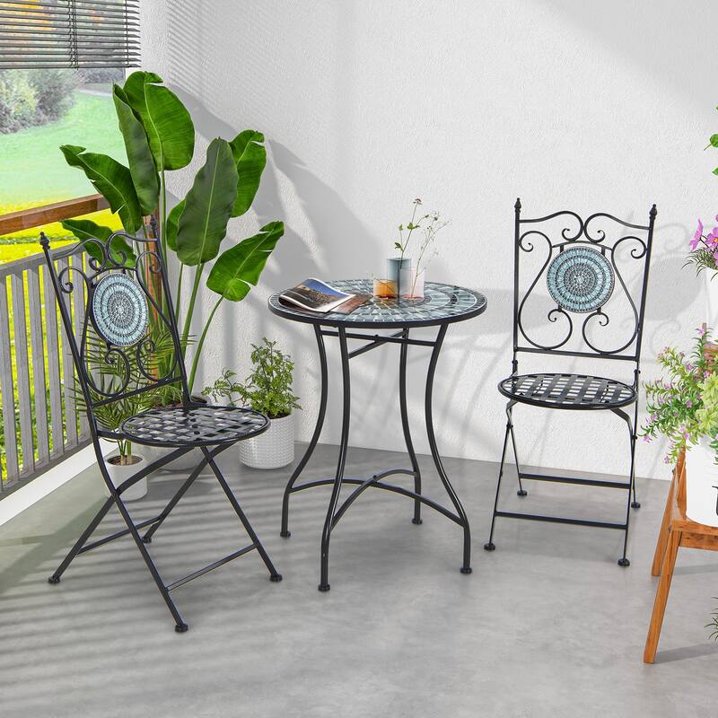 24" Mosaic Pattern Round Patio Bistro Table with Metal Frame and Concrete Top for Balcony or Yard
