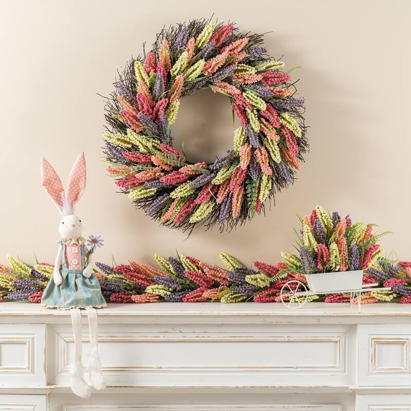 Glitzhome Pink, Purple & Yellow Mixed Heather Wreath Teardrop Garland