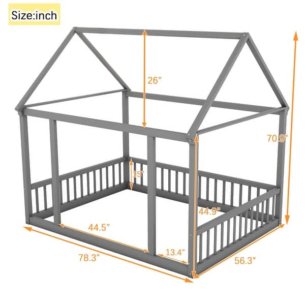 dimension image slide 0 of 2, Full Size Floor Wooden Bed with House Roof Frame and Safety Guardrails