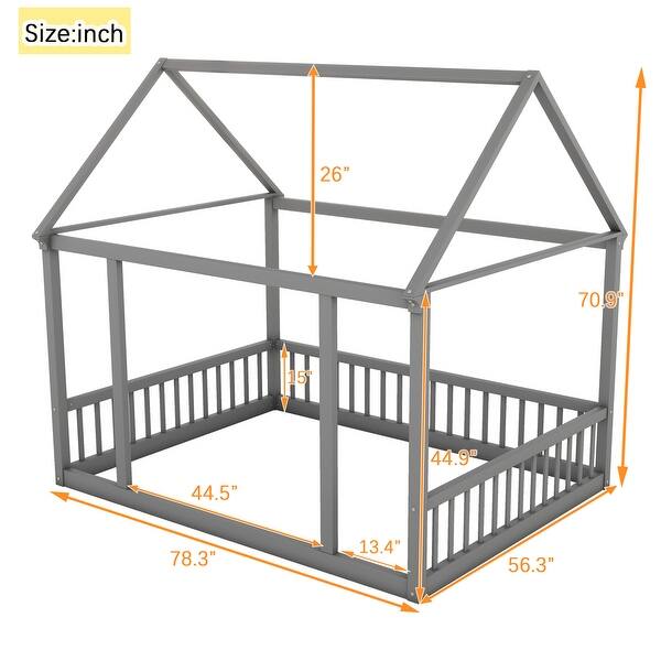 dimension image slide 4 of 6, Pine Wood Floor Wooden Bed with House Roof Frame and Safety Guardrails