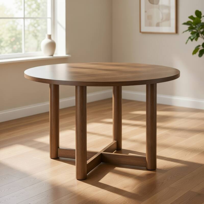 Billie Dining Table, Brown Wood Frame, Cross Legs, Round 46 Inch