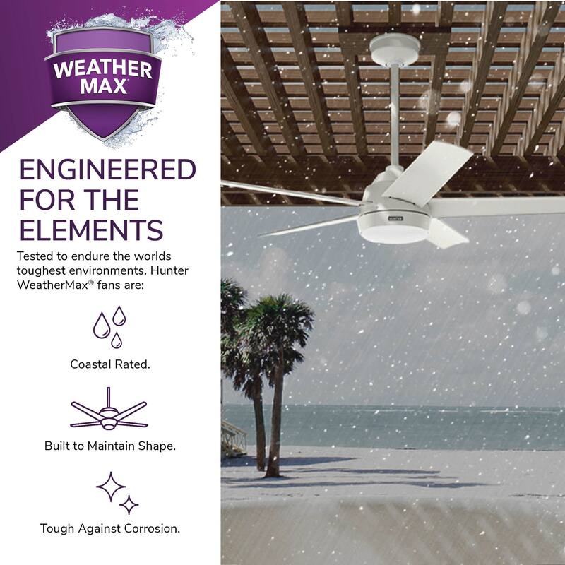Hunter 52" Skyflow Outdoor Ceiling Fan w/ LED Light Kit, Wall Control - Coastal Modern Contemporary - WeatherMax - WET-RATED!