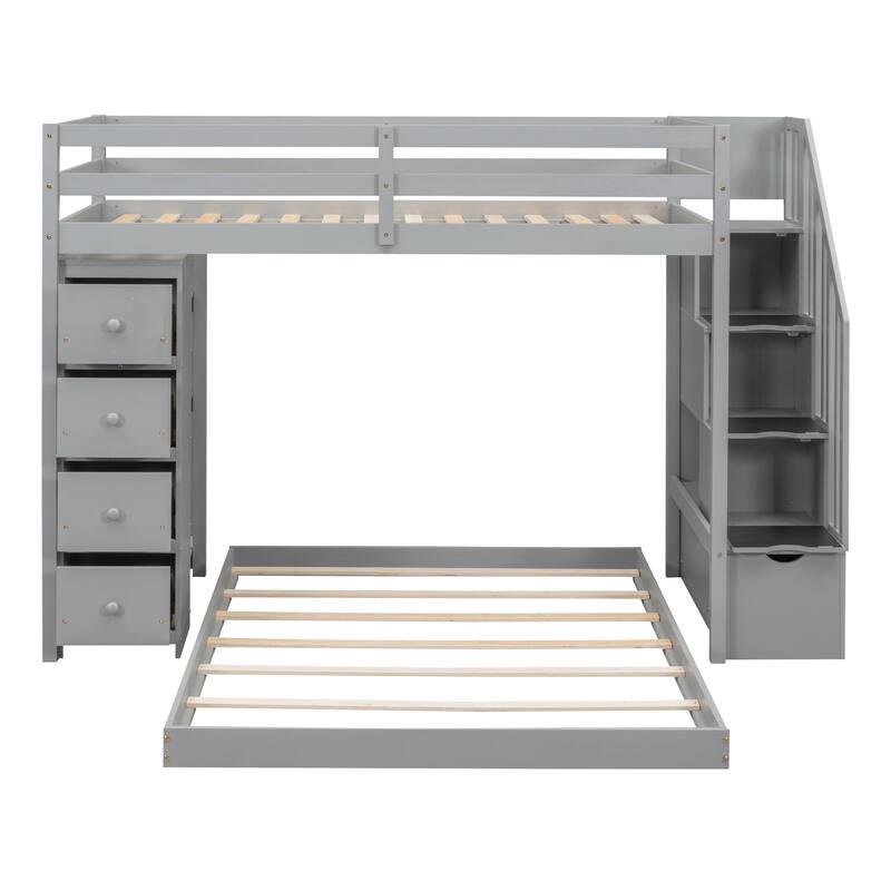 Twin Over Full Pine Bunk Bed with Shelves, Drawers, and Stairs
