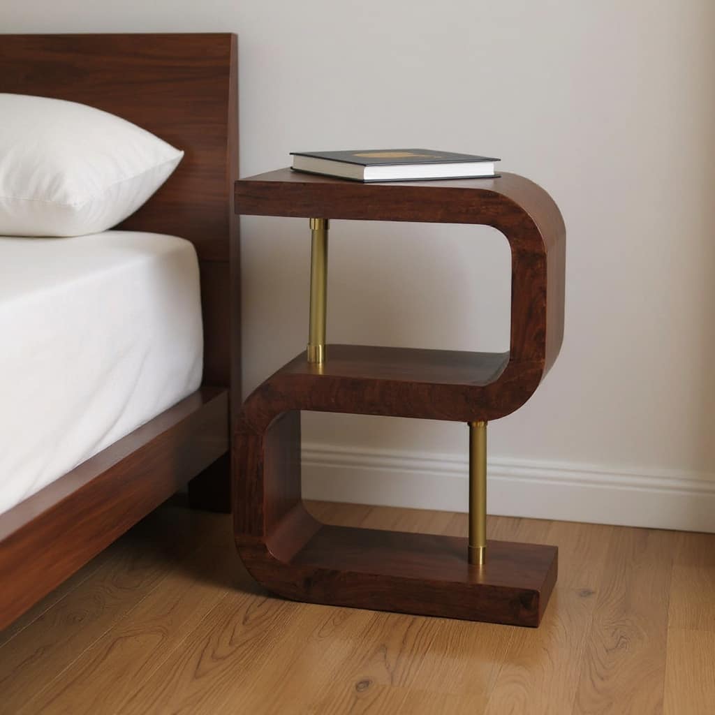 HomeRoots 24" Chestnut And Gold Solid Wood Curved Nightstand