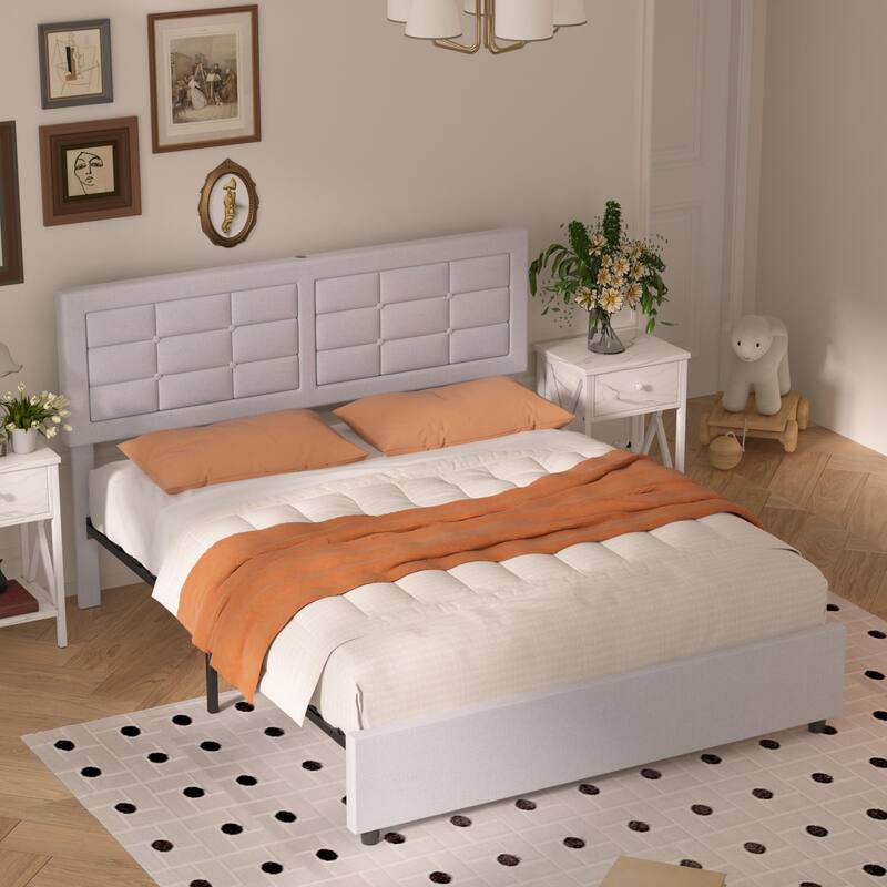 Javlergo Full Queen Size Bed Frame with USB Charging Station Adjustable Height Upholstered Headboard No Box Spring Needed - Light gray - Queen