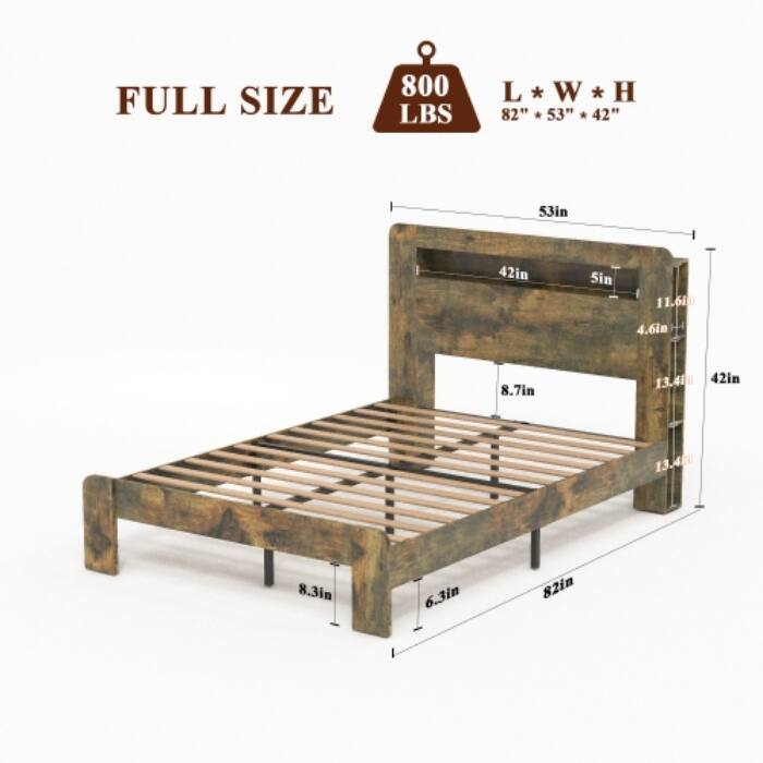 Wood Platform Bed Frame with Storage LED Light and 2 USB, Large Under Bed Storage