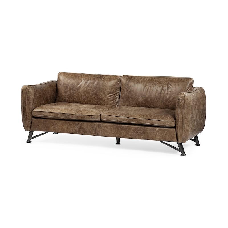 HomeRoots 84" Dark Brown Rustic Leather Sofa