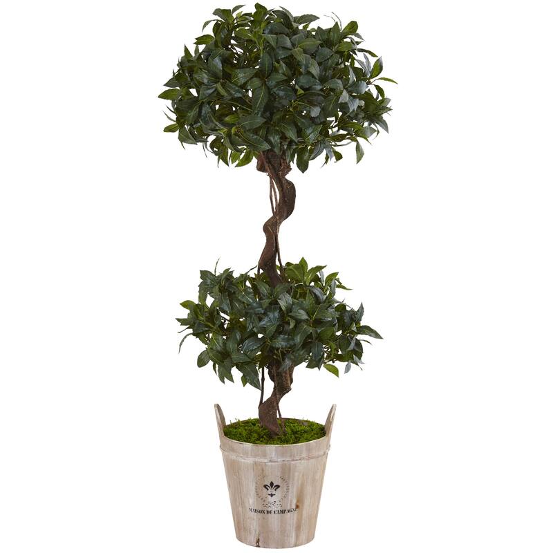 Artificial Topiary Tree Double Bay Tree with Planter Indoor Outdoor Decor 4.5 Ft - Green - 51-60 Inches