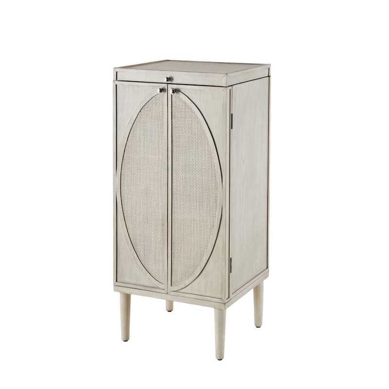 Wooden Geometric Oval Rattan Jewelry Cabinet with Mirrored Lift Top - Light Gray - Roche River Decor - 18"W x 20"L x 47"H