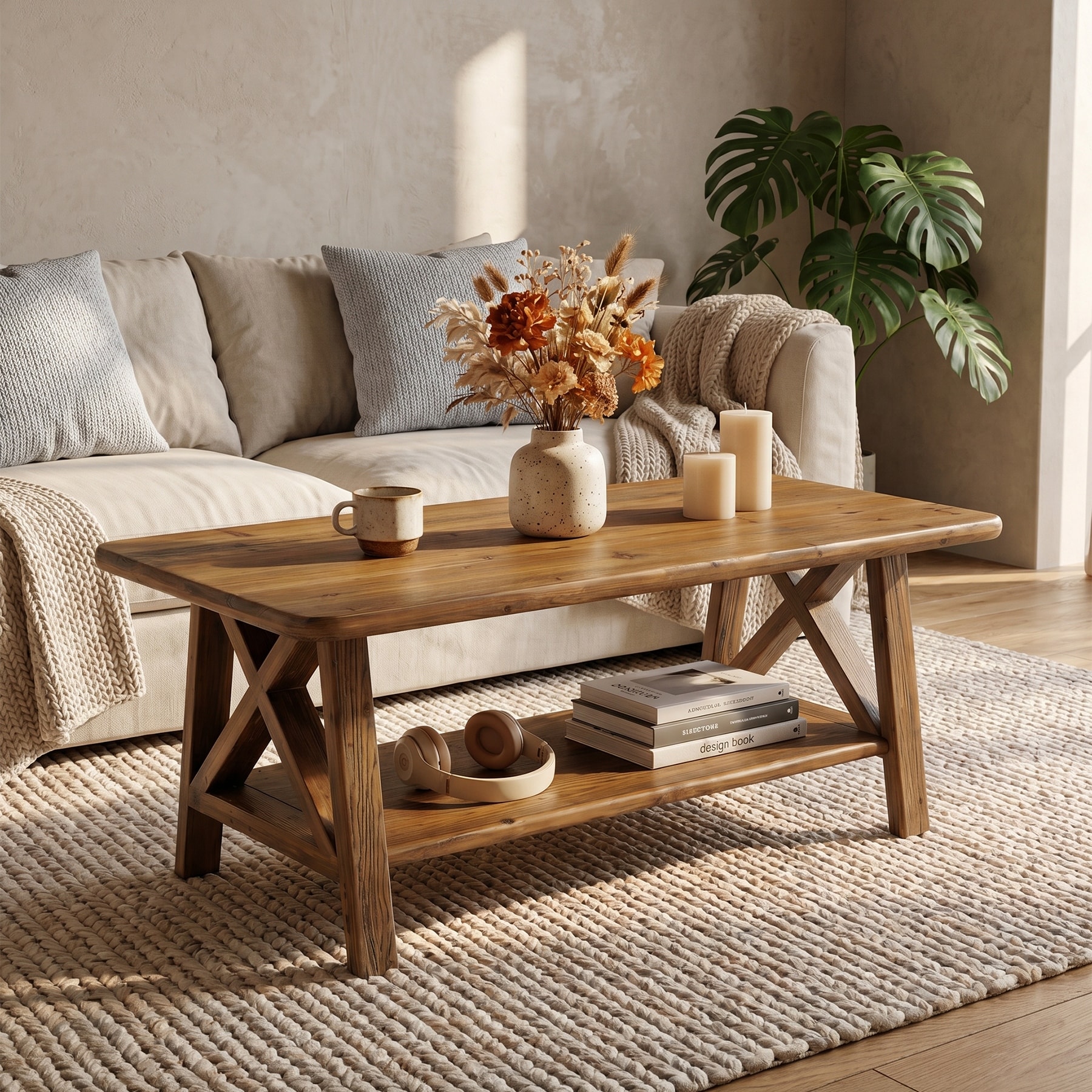 Farmhouse Solid Wood Coffee Table, 47-Inch Rectangle Center Table