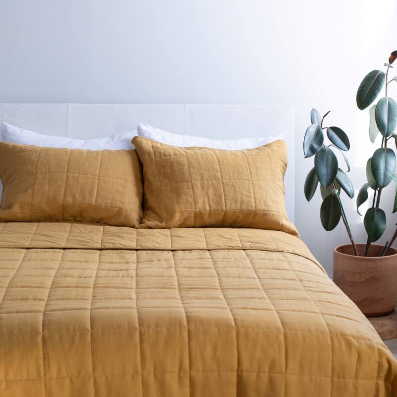 French Linen Box Stitch Quilt & Sham Set by BOKSER HOME - Honey - Queen - 3 Piece