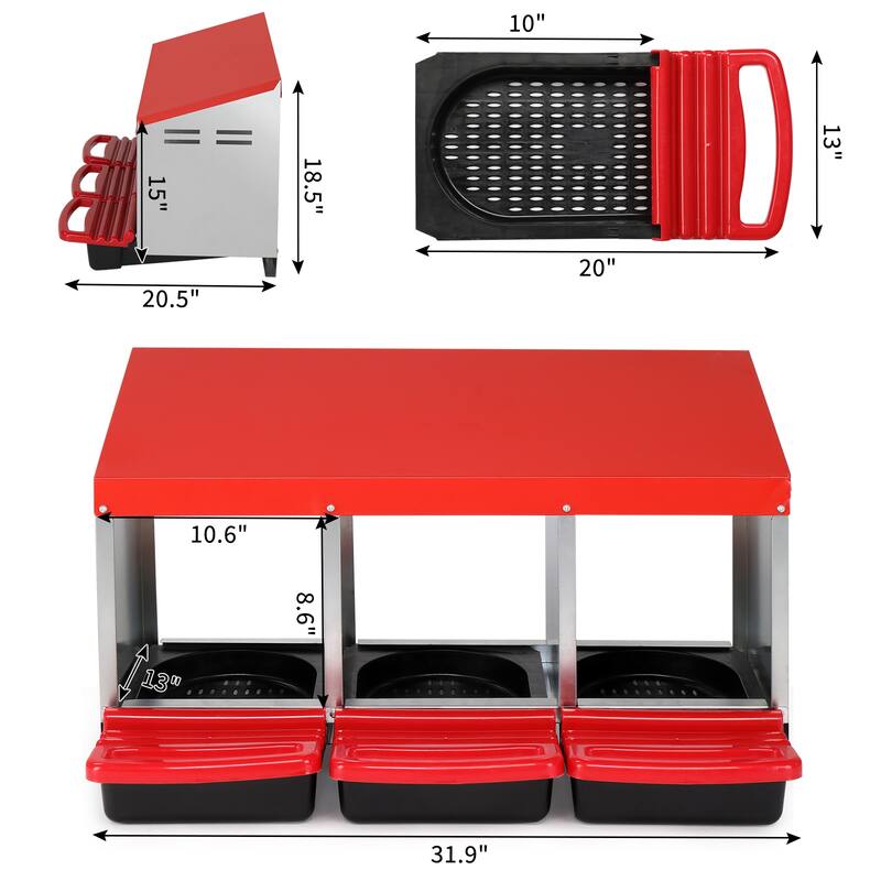 3 Compartment Chicken Egg Nesting Box with Roll Out Plastic Baskets for Hens