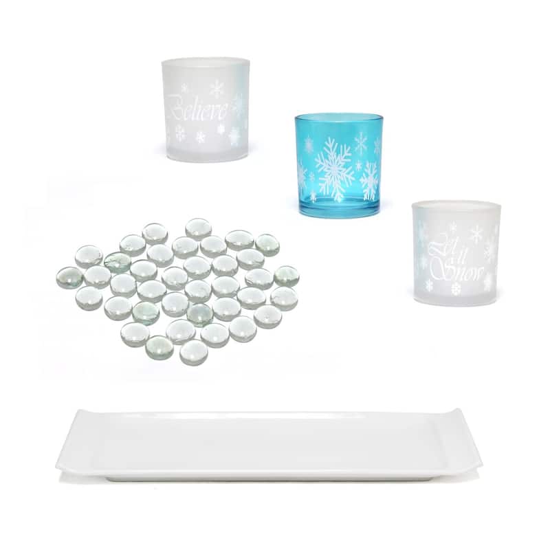 5-Piece Snowflake Christmas Candle Holder Display Set 14" White Blue