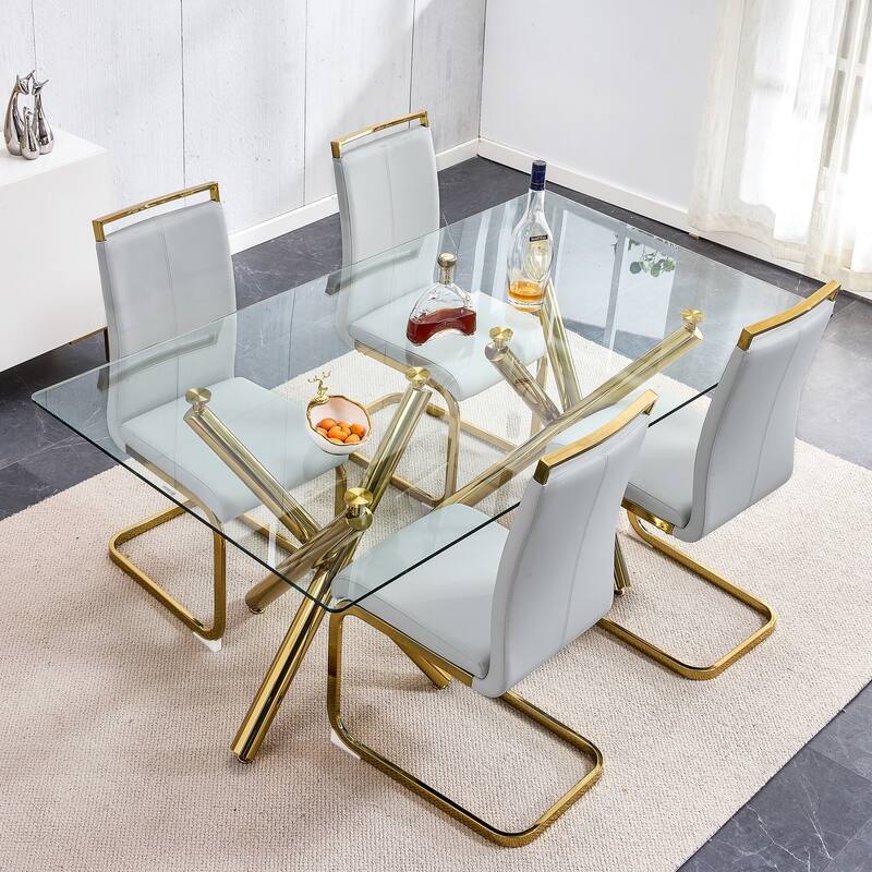 Dining Chair,PU Faux Leather High Back Upholstered Side Chair with C-shaped Tube Golden Coating Metal Legs