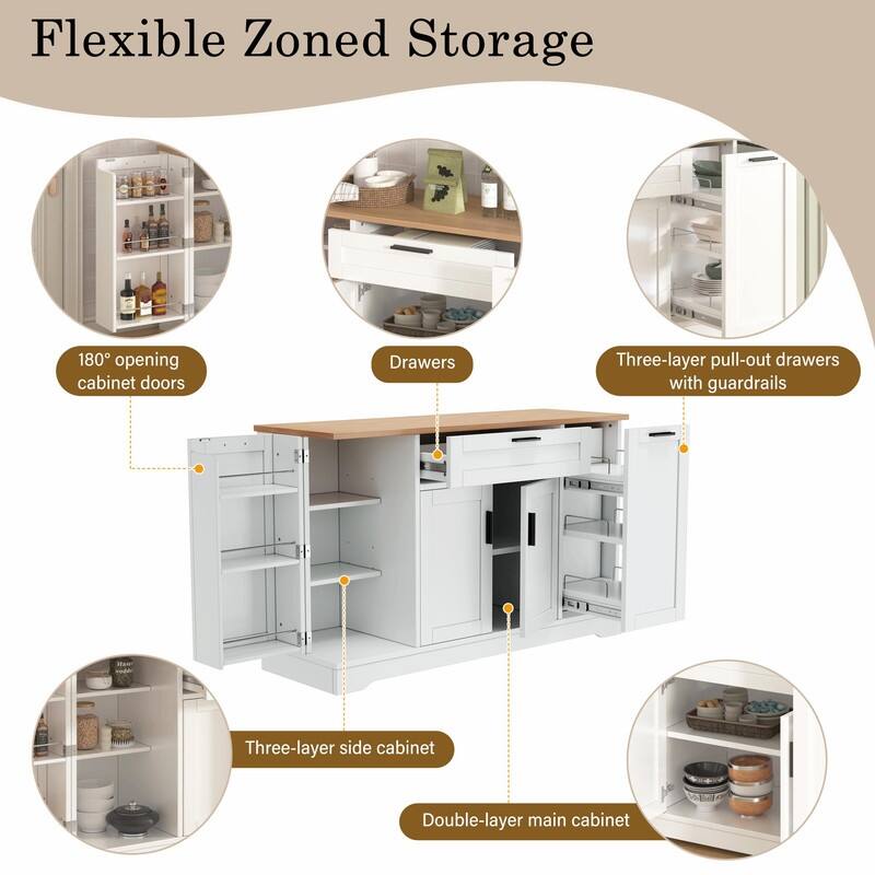 Multi-Functional Storage Sideboard & Extendable Dining Table with Adjustable Shelves, 3-Tier Pull-Out Rack