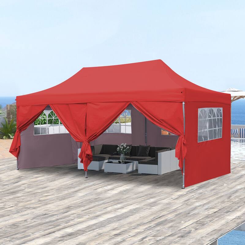 Zenova 10'x20' Pop up Canopy Tents with 6 Sidewalls Portable Folding Outdoor Gazebo Tent for Wedding Party - Red